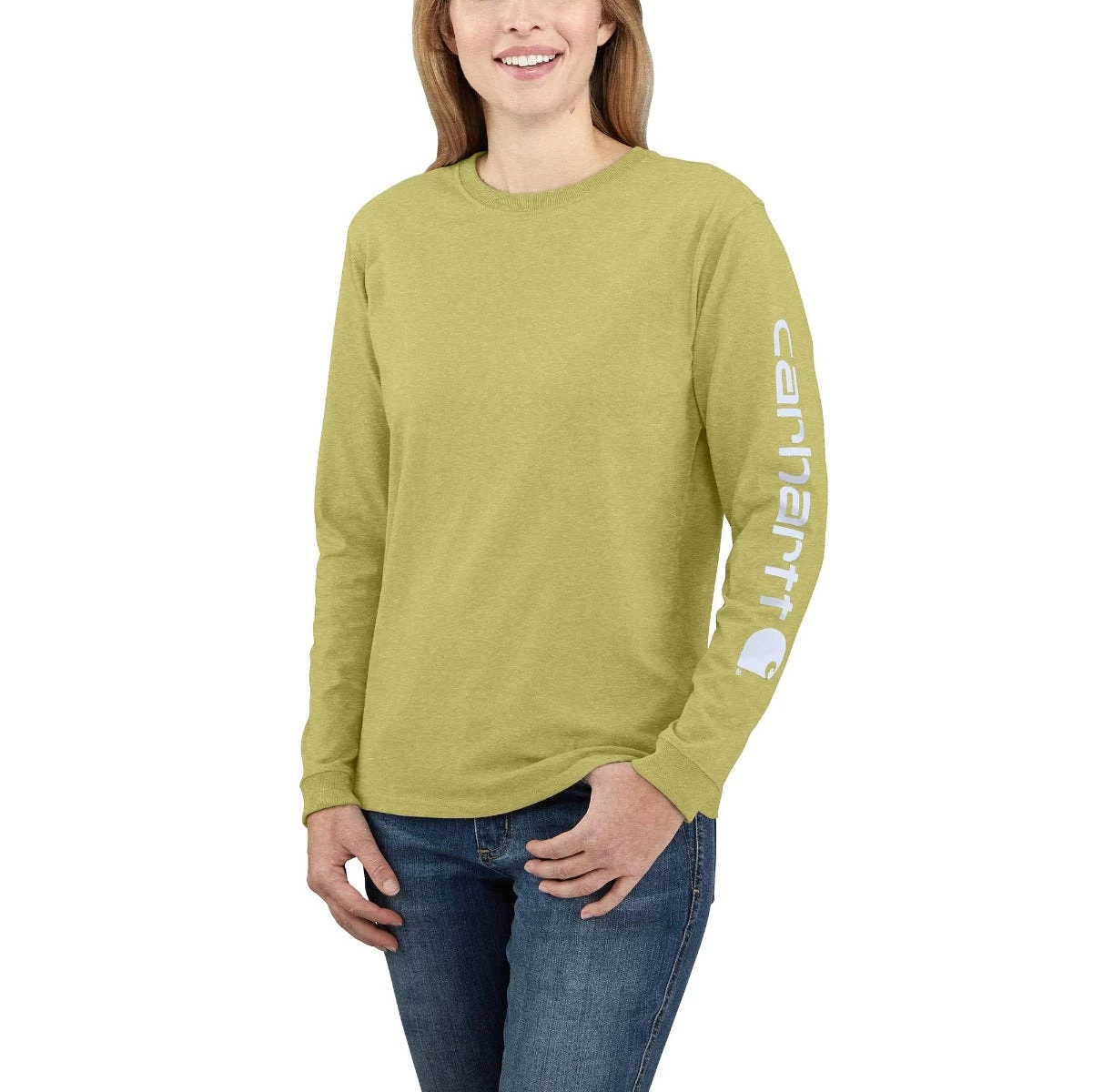 Carhartt Shirts: Women's 103401 GB9 Green Olive Heather Loose Fit Heavy Weight Long Sleeve Graphic T-Shirt 3 Carhartt Shirts: Women's 103401 GB9 Green Olive Heather Loose Fit Heavy Weight Long Sleeve Graphic T-Shirt