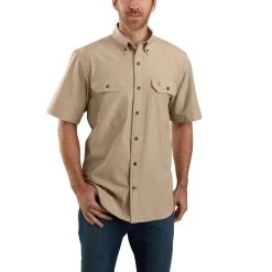 Carhartt Shirt: Men's 104369 256 Dark Tan Chambray Midweight Short Sleeve Button Down Shirt