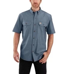 Carhartt Shirt: Men's 104369 499 Denim Blue Chambray Midweight Short Sleeve Button Down Shirt