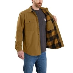 Carhartt Shirts: Men's 105419 B33 Oak Brown Rugged Flex Canvas Fleece-Lined Shirt Jacket -Work Clothes Discount Store 105419 b33 ail mf22 b