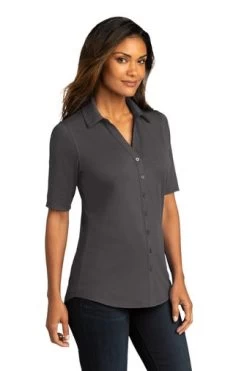Port Authority Shirts: Women's LK682 GPH Graphite City Stretch Top -Work Clothes Discount Store 10863 graphite 4 lk682graphitemodel3q 337w