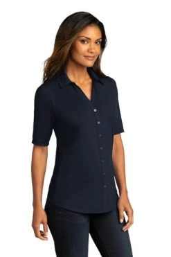 Port Authority Shirts: Women's LK682 RBN River Blue Navy City Stretch Top -Work Clothes Discount Store 10863 riverblnv 4 lk682riverblnvmodel3q 337w