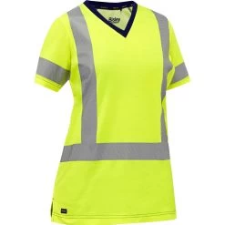 Bisley By PIP Shirts: Women's 313W1118H Y Yellow ANSI Type R Class 2 Short Sleeve V Neck T-Shirt