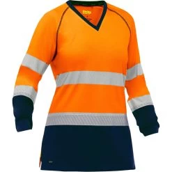 Bisley By PIP Shirts: Women's 313W6118T ON Orange Navy Bottom ANSI Type R Class 3 Long Sleeve V Neck T Shirt