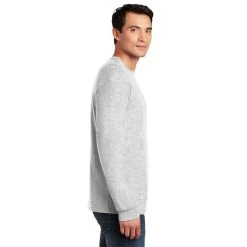 Gildan Shirt: Men's 5400 Ash Heavy Cotton Long Sleeve -Work Clothes Discount Store 5400 ash model side