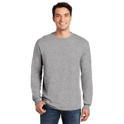 Gildan Shirt: Men's 5400 SG Sport Grey Heavy Cotton Long Sleeve 10 Gildan Shirt: Men's 5400 SG Sport Grey Heavy Cotton Long Sleeve -Work Clothes Discount Store 5400 sportgrey model front