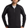 Sport-TeK Sweatshirts: Men's ST851 BCG Black Charcoal Grey Stretch 1/2-Zip Colorblock Pullover -Work Clothes Discount Store 5496 blkchrgy 1 st851blkchrgymodelfront1 337w