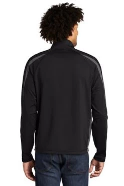 Sport-TeK Sweatshirts: Men's ST851 BCG Black Charcoal Grey Stretch 1/2-Zip Colorblock Pullover -Work Clothes Discount Store 5496 blkchrgy 2 st851blkchrgymodelback1 337w