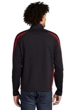 Sport-TeK Sweatshirts: Men's ST851 BTR Black True Red Stretch 1/2-Zip Colorblock Pullover -Work Clothes Discount Store 5496 blktrrd 2 st851blktrrdmodelback1 337w