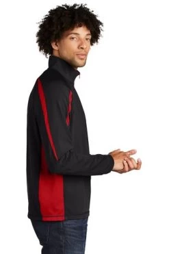 Sport-TeK Sweatshirts: Men's ST851 BTR Black True Red Stretch 1/2-Zip Colorblock Pullover -Work Clothes Discount Store 5496 blktrrd 3 st851blktrrdmodelside1 337w