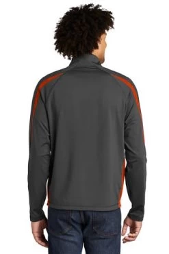 Sport-TeK Sweatshirts: Men's ST851 CGDO Charcoal Grey Deep Orange Stretch 1/2-Zip Colorblock Pullover -Work Clothes Discount Store 5496 chgydpor 2 st851chgydpormodelback1 337w
