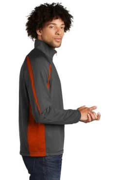Sport-TeK Sweatshirts: Men's ST851 CGDO Charcoal Grey Deep Orange Stretch 1/2-Zip Colorblock Pullover -Work Clothes Discount Store 5496 chgydpor 3 st851chgydpormodelside1 337w