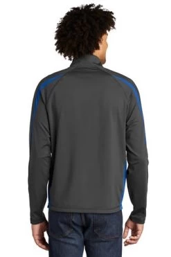 Sport-TeK Sweatshirts: Men's ST851 CGTR Charcoal Grey True Royal Stretch 1/2-Zip Colorblock Pullover -Work Clothes Discount Store 5496 chgytrry 2 st851chgytrrymodelback1 337w