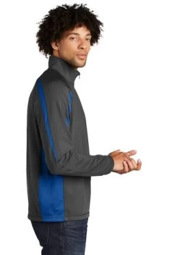Sport-TeK Sweatshirts: Men's ST851 CGTR Charcoal Grey True Royal Stretch 1/2-Zip Colorblock Pullover -Work Clothes Discount Store 5496 chgytrry 3 st851chgytrrymodelside1 337w