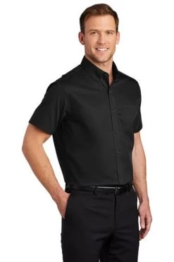 Port Authority Shirts: Men's S664 BLK Black Button Down Short Sleeve SuperPro Twill Shirt -Work Clothes Discount Store 7608 black 4 s664blackmodel3q3 337w