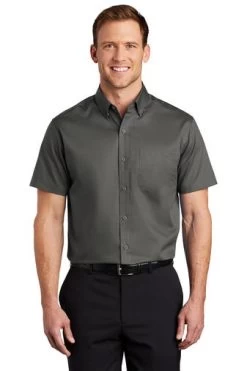 Port Authority Shirts: Men's S664 STGY Sterling Grey Button Down Short Sleeve SuperPro Twill Shirt