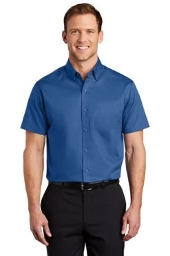 Port Authority Shirts: Men's S664 TBLU True Blue Button Down Short Sleeve SuperPro Twill Shirt