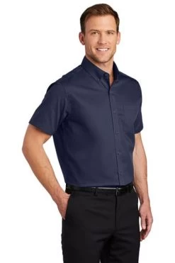 Port Authority Shirts: Men's S664 TNV True Navy Button Down Short Sleeve SuperPro Twill Shirt -Work Clothes Discount Store 7608 truenavy 4 s664truenavymodel3q3 337w