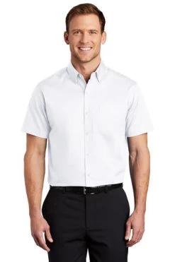 Port Authority Shirts: Men's S664 WHT White Button Down Short Sleeve SuperPro Twill Shirt