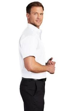 Port Authority Shirts: Men's S664 WHT White Button Down Short Sleeve SuperPro Twill Shirt -Work Clothes Discount Store 7608 white 3 s664whitemodelside3 337w