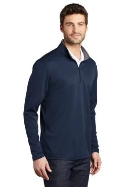 Port Authority Shirts: Men's K584 NVSG Navy Steel Grey Silk Touch Performance 1/4-Zip Shirt -Work Clothes Discount Store 9771 navysteelgry 4 k584navysteelgrymodel3q 337w