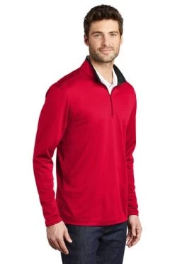 Port Authority Shirts: Men's K584 RDBK Red Black Silk Touch Performance 1/4-Zip Shirt -Work Clothes Discount Store 9771 redblack 4 k584redblackmodel3q 337w