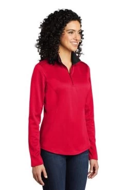 Port Authority Shirts: Women's LK584 RDBK Red Black Silk Touch Performance 1/4-Zip Shirt -Work Clothes Discount Store 9772 redblack 4 lk584redblackmodel3q 337w