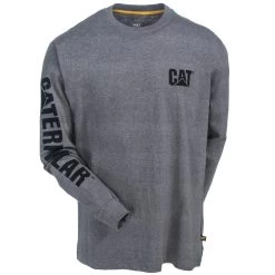 CAT Apparel Shirts: Men's 1510034 004 Heather Grey Trademark Banner Long-Sleeve Tee Shirt -Work Clothes Discount Store cat 1510034 dhg f 01