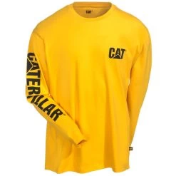 Caterpillar Shirts: Men's 1510034 555 Yellow Trademark Banner Long-Sleeve Tee Shirt -Work Clothes Discount Store cat 1510034 yellow f 01