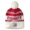 Carhartt Hats: Unisex 105168 600 Red Knit Pom Pom Cuffed Logo Beanie -Work Clothes Discount Store detail 105168 600 p 1 1