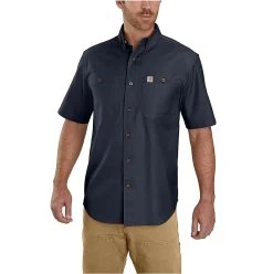 Carhartt Shirts: Men's 103555 412 Navy Rugged Flex Relaxed Fit Midweight Canvas Short Sleeve Shirt