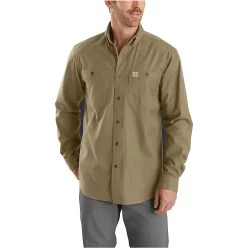 Carhartt Shirts: Men's 103554 253 Dark Khaki Rugged Flex Relaxed Fit Midweight Canvas Long Sleeve Shirt