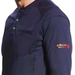 Ariat Work FR: Men's 10022597 Navy Flame Resistant Air Lightweight Long Sleeve Henley Shirt -Work Clothes Discount Store f19 mns work 10022597 detail01