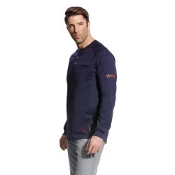 Ariat Work FR: Men's 10022597 Navy Flame Resistant Air Lightweight Long Sleeve Henley Shirt