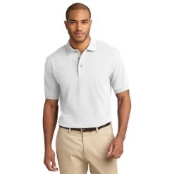 Port Authority Shirts: Men's White K420 WHT Cotton Knit Polo Shirt -Work Clothes Discount Store k420 white model front