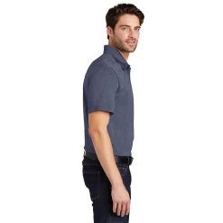 Port Authority Shirts: Men's K576 TNH True Navy Blue Heather Trace Polo Shirt -Work Clothes Discount Store k576 truenavyheather model side