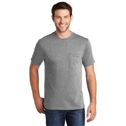 Port & Company Shirt: Men's PC54P AH Athletic Heather Core Cotton Pocket Tee -Work Clothes Discount Store pc54p athleticheather model front