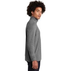 Sport-Tek Pullover: Men's ST407DGH Dark Grey Heather Triad Solid PosiCharge Tri-Blend Wicking 1/4-Zip Pullover -Work Clothes Discount Store st407 darkgreyheather model side 012019