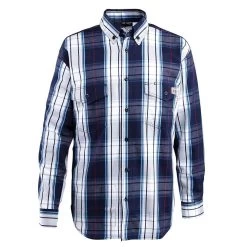 Wolverine Apparel: Men's W1203980 417 FR FireZer0 Navy Plaid Long Sleeve Twill Shirt